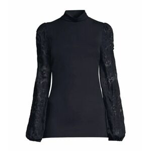 ELIE TAHARI Sheer Embroidered Lace longSleeve High Neck Top L Noir Black